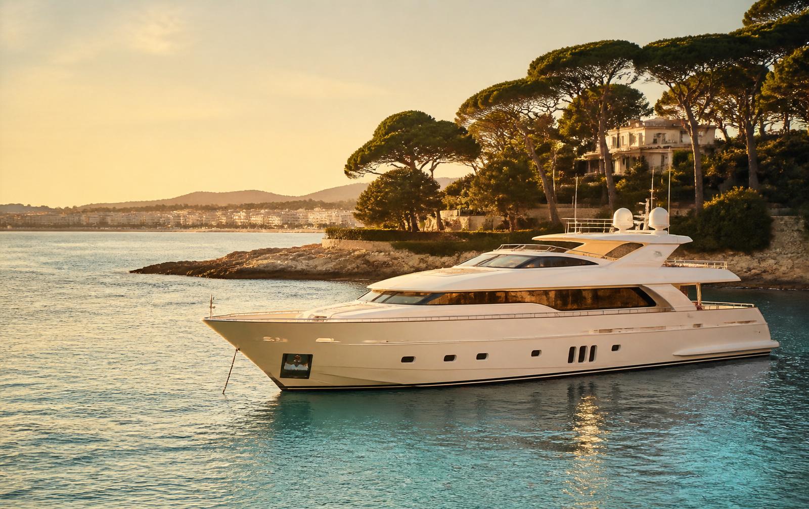 Yacht au mouillage sur la Méditerranée, lumière dorée de la Côte d'Azur
